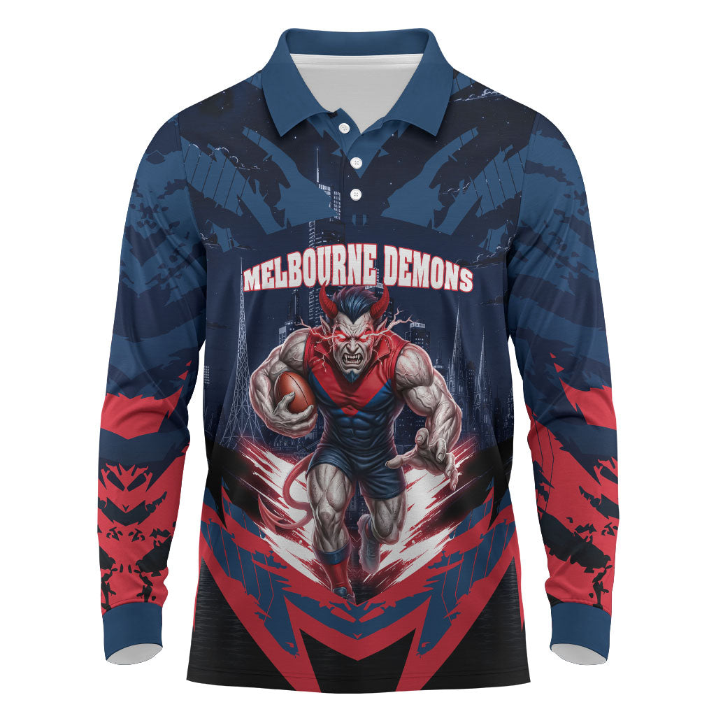 Personalised Melbourne Demons Football Long Sleeve Polo Shirt Fierce Devil Mascot 3D Grunge City Art