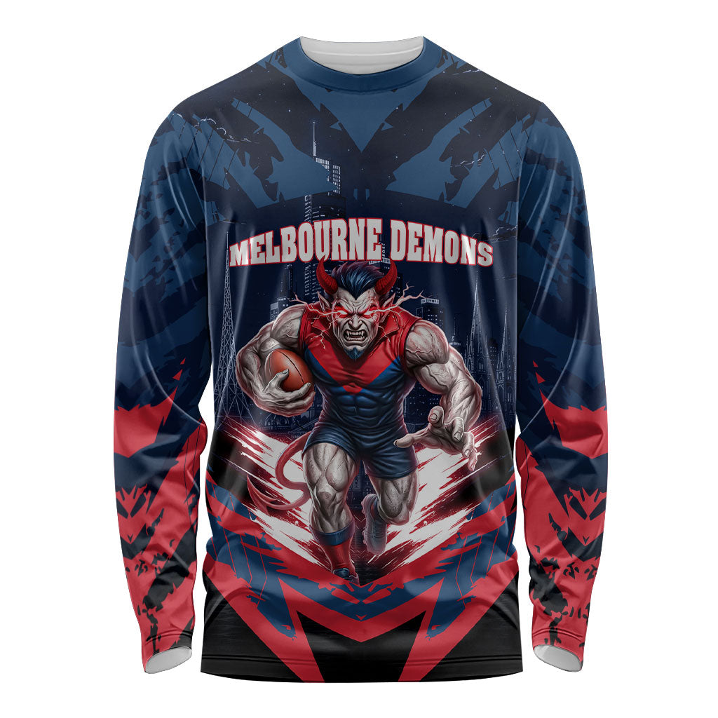 Personalised Melbourne Demons Football Long Sleeve Shirt Fierce Devil Mascot 3D Grunge City Art