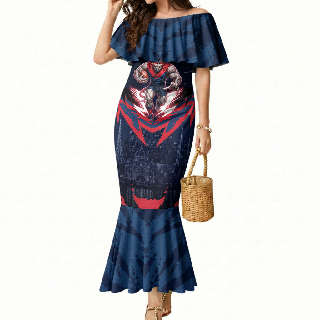 Personalised Melbourne Demons Football Mermaid Dress Fierce Devil Mascot 3D Grunge City Art