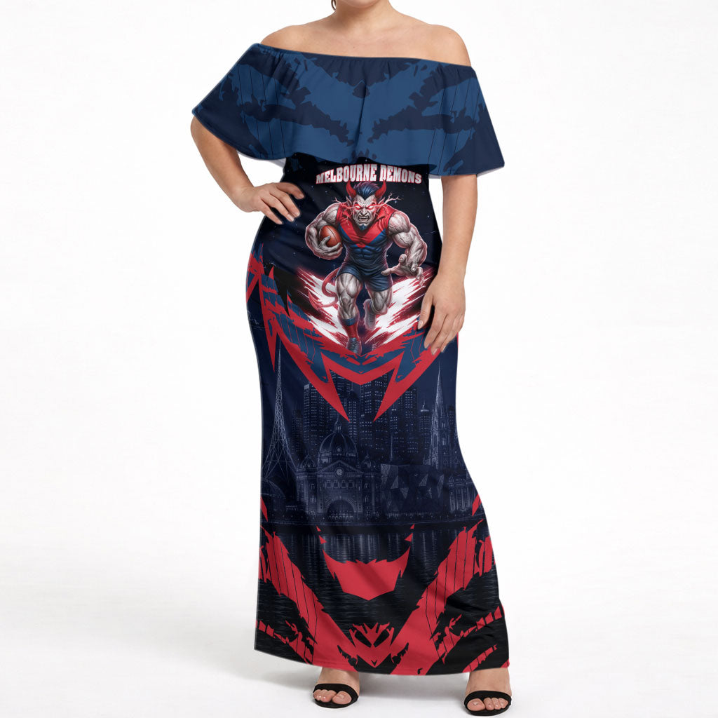 Personalised Melbourne Demons Football Off Shoulder Maxi Dress Fierce Devil Mascot 3D Grunge City Art