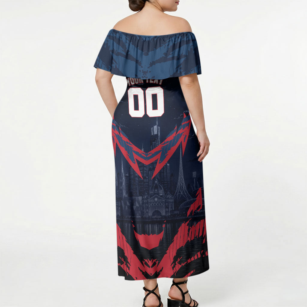 Personalised Melbourne Demons Football Off Shoulder Maxi Dress Fierce Devil Mascot 3D Grunge City Art
