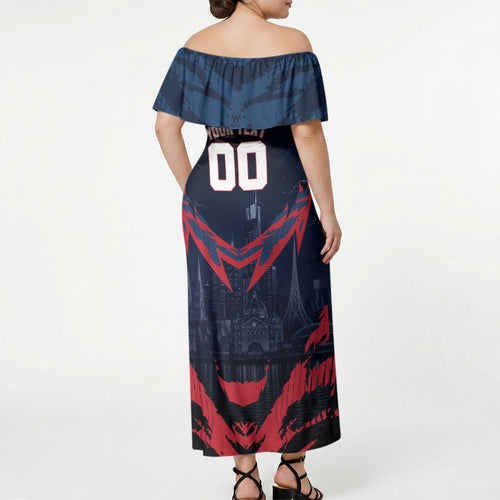 Personalised Melbourne Demons Football Off Shoulder Maxi Dress Fierce Devil Mascot 3D Grunge City Art