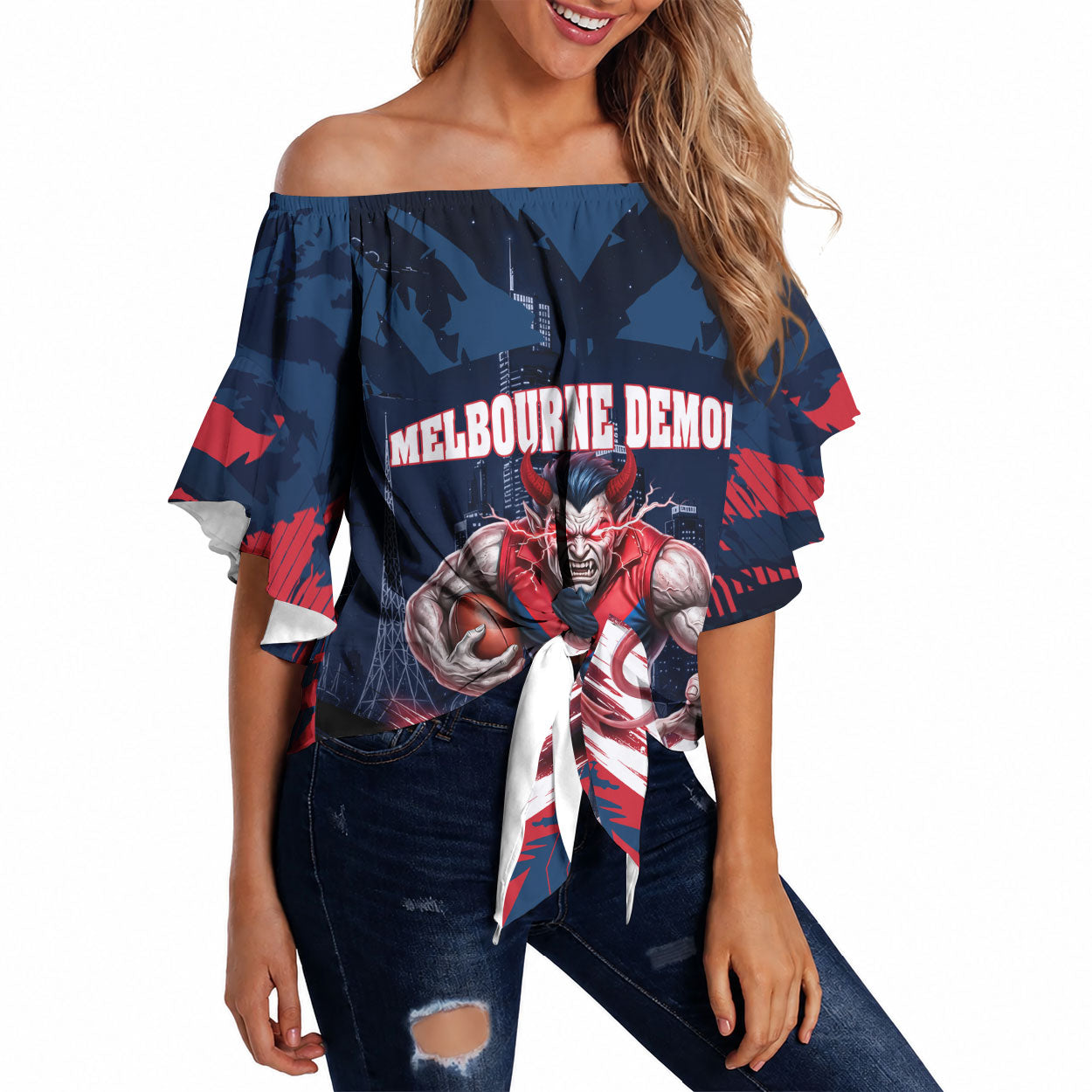 Personalised Melbourne Demons Football Off Shoulder Wrap Waist Top Fierce Devil Mascot 3D Grunge City Art