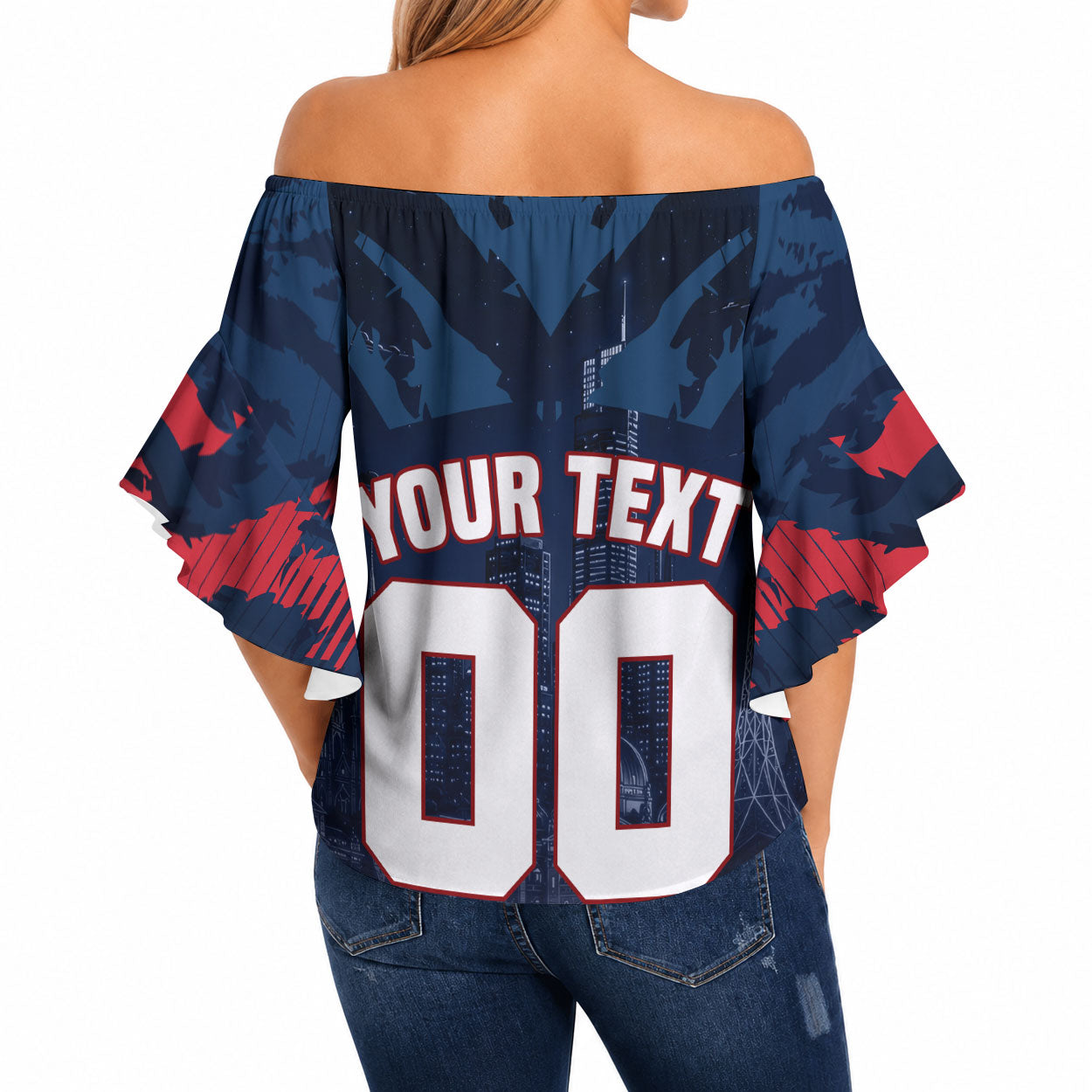 Personalised Melbourne Demons Football Off Shoulder Wrap Waist Top Fierce Devil Mascot 3D Grunge City Art
