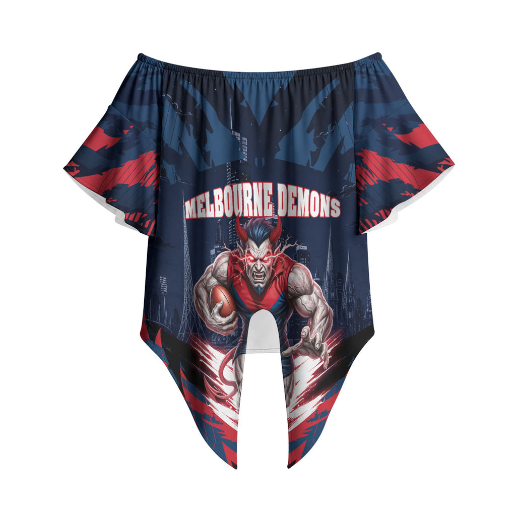 Personalised Melbourne Demons Football Off Shoulder Wrap Waist Top Fierce Devil Mascot 3D Grunge City Art