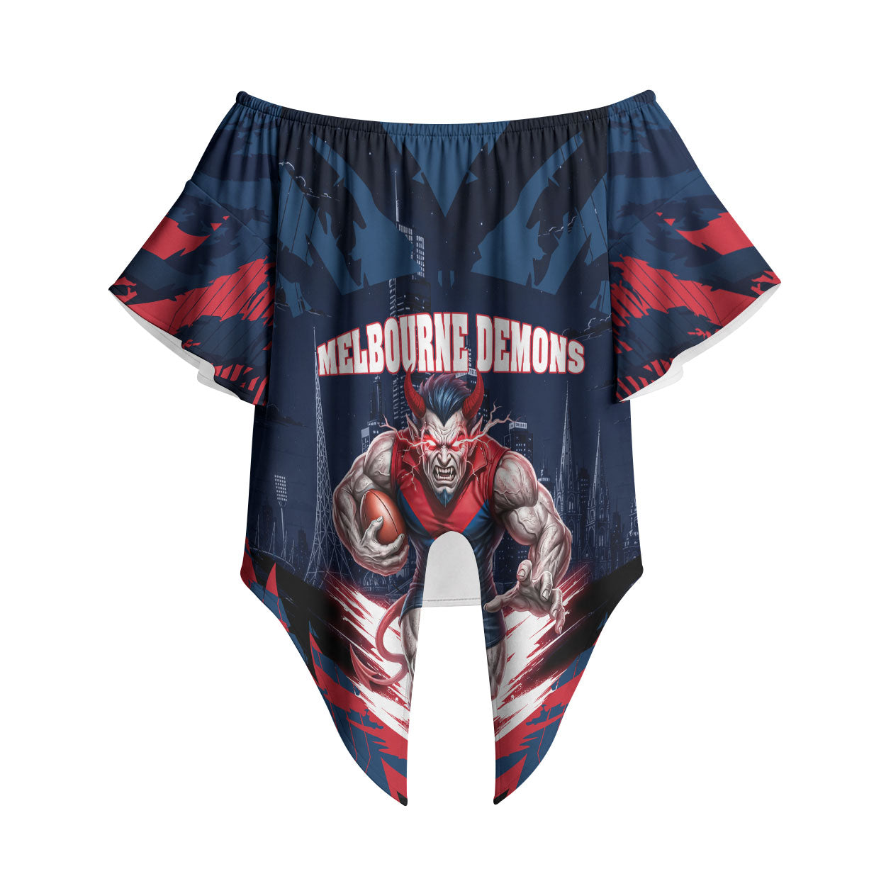 Personalised Melbourne Demons Football Off Shoulder Wrap Waist Top Fierce Devil Mascot 3D Grunge City Art