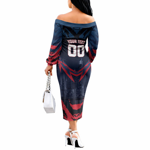 Personalised Melbourne Demons Football Off The Shoulder Long Sleeve Dress Fierce Devil Mascot 3D Grunge City Art