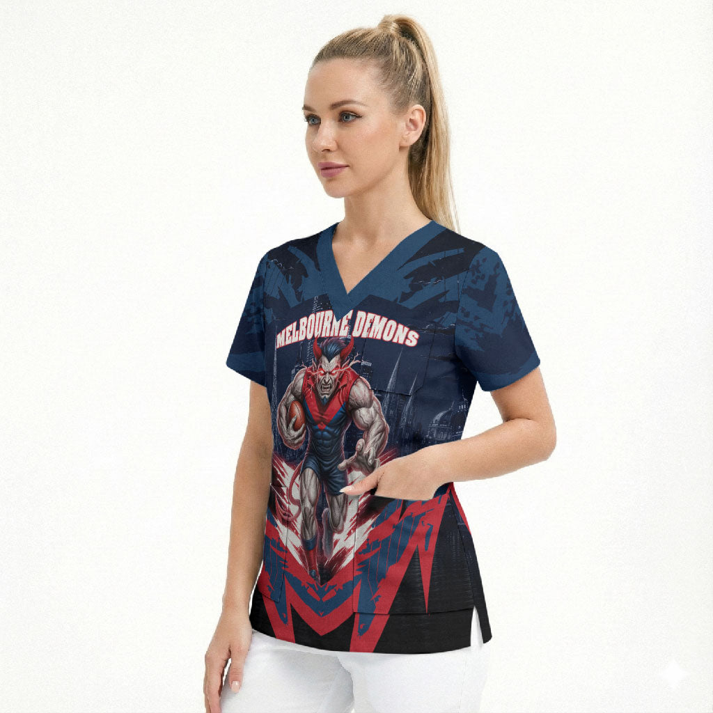 Personalised Melbourne Demons Football Scrub Top Fierce Devil Mascot 3D Grunge City Art