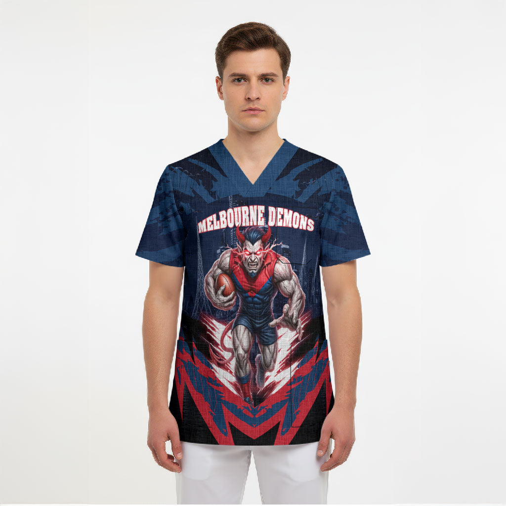 Personalised Melbourne Demons Football Scrub Top Fierce Devil Mascot 3D Grunge City Art