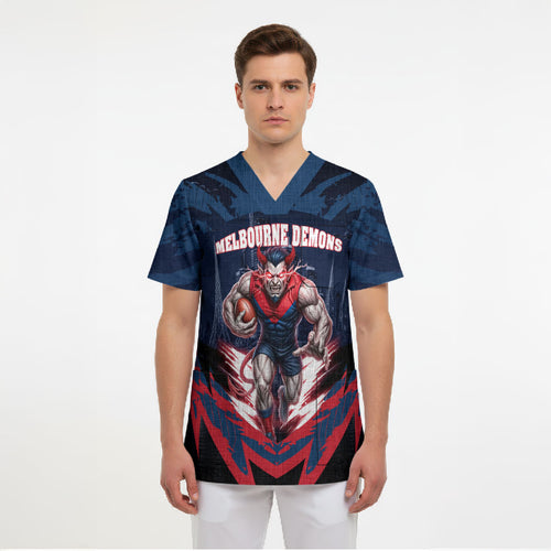 Personalised Melbourne Demons Football Scrub Top Fierce Devil Mascot 3D Grunge City Art