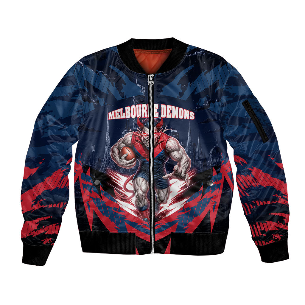 Personalised Melbourne Demons Football Sleeve Zip Bomber Jacket Fierce Devil Mascot 3D Grunge City Art