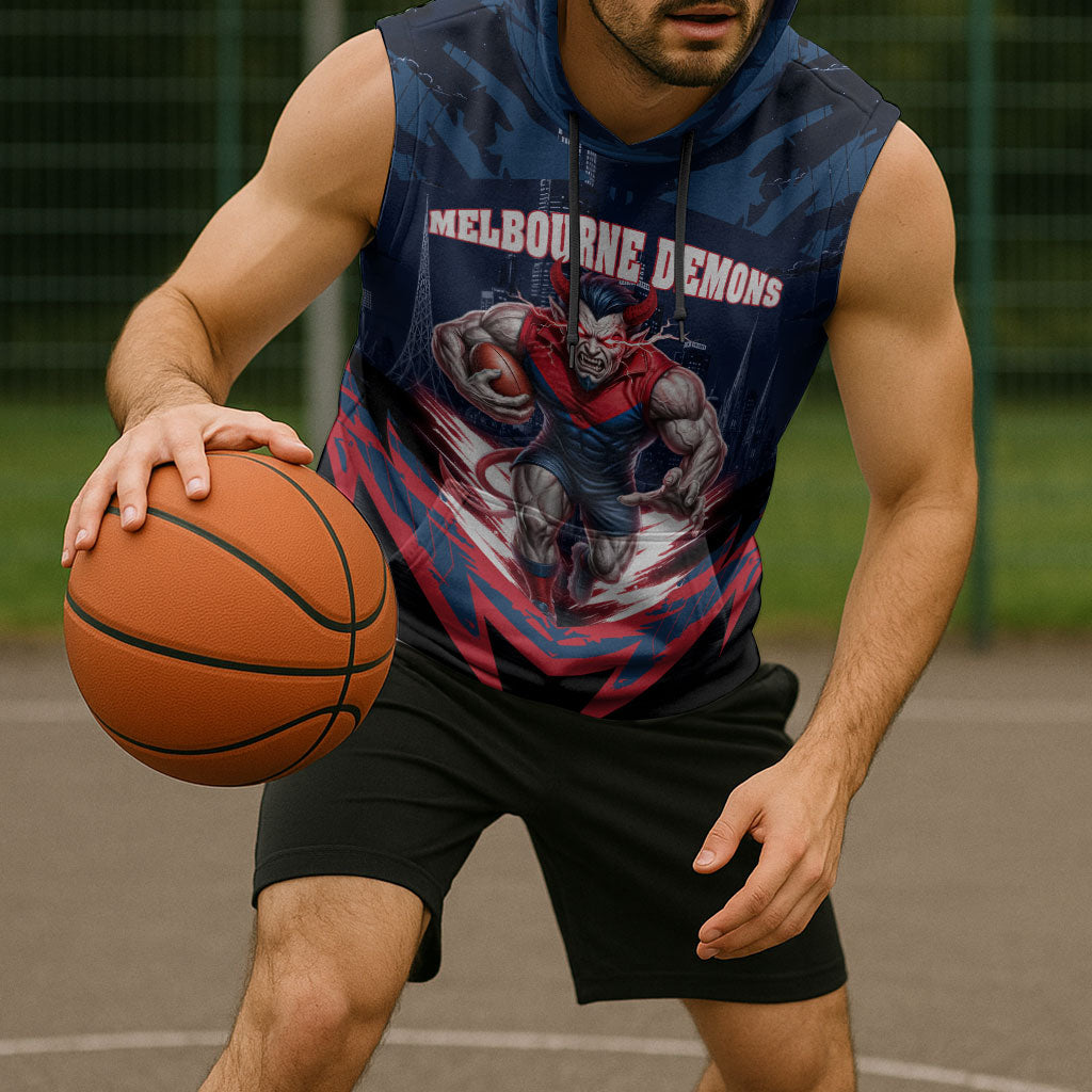 Personalised Melbourne Demons Football Sleeveless Hoodie Fierce Devil Mascot 3D Grunge City Art