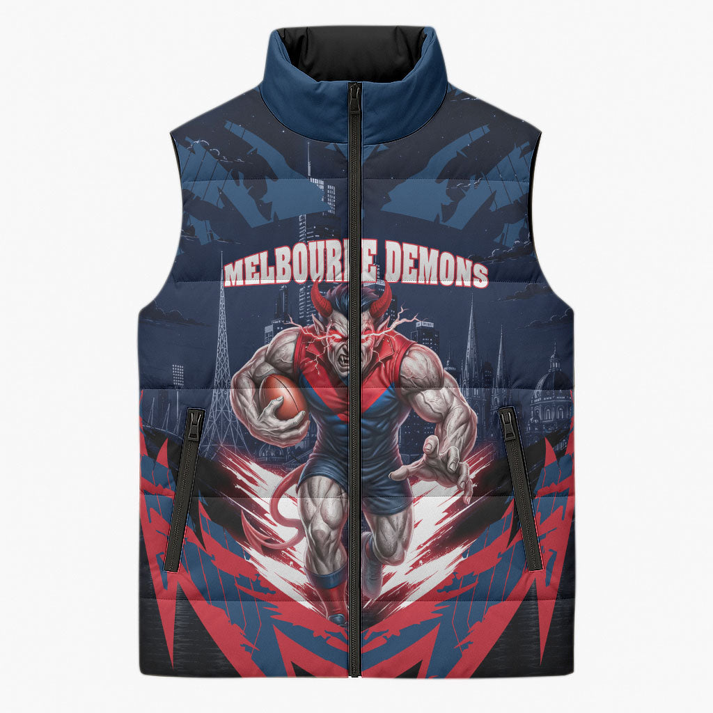 Personalised Melbourne Demons Football Sleeveless Puffer Jacket Fierce Devil Mascot 3D Grunge City Art