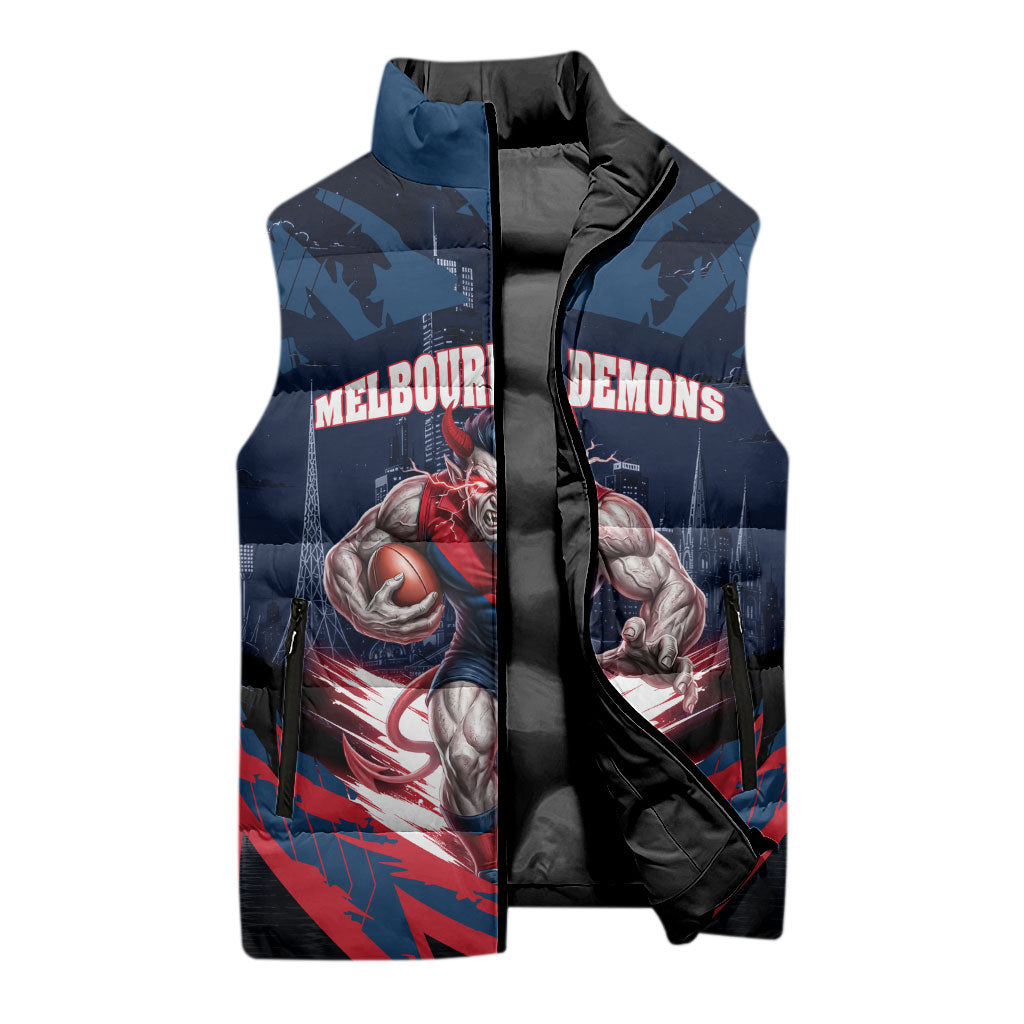 Personalised Melbourne Demons Football Sleeveless Puffer Jacket Fierce Devil Mascot 3D Grunge City Art