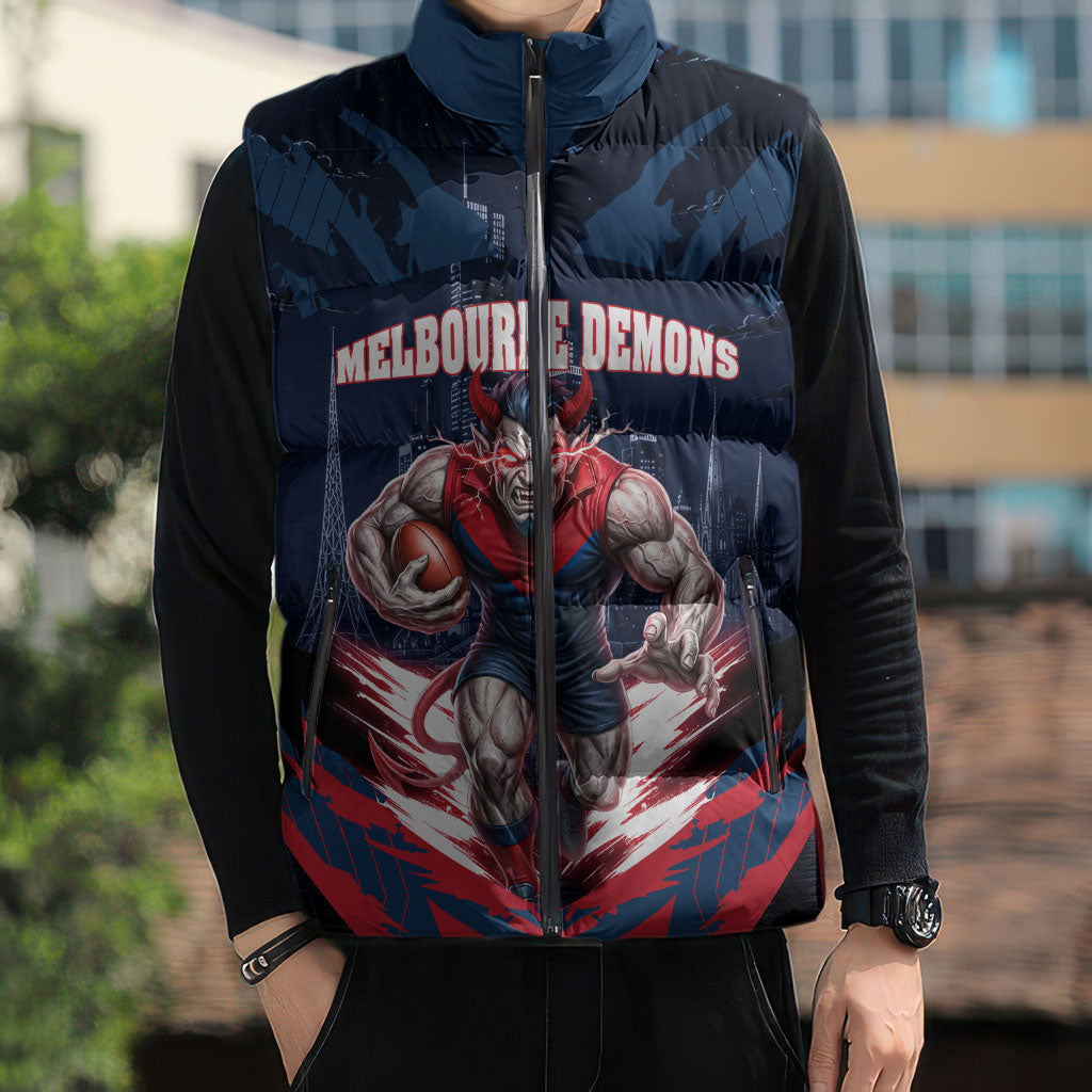 Personalised Melbourne Demons Football Sleeveless Puffer Jacket Fierce Devil Mascot 3D Grunge City Art