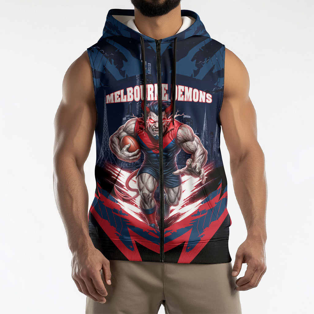 Personalised Melbourne Demons Football Sleeveless Zip Hoodie Fierce Devil Mascot 3D Grunge City Art