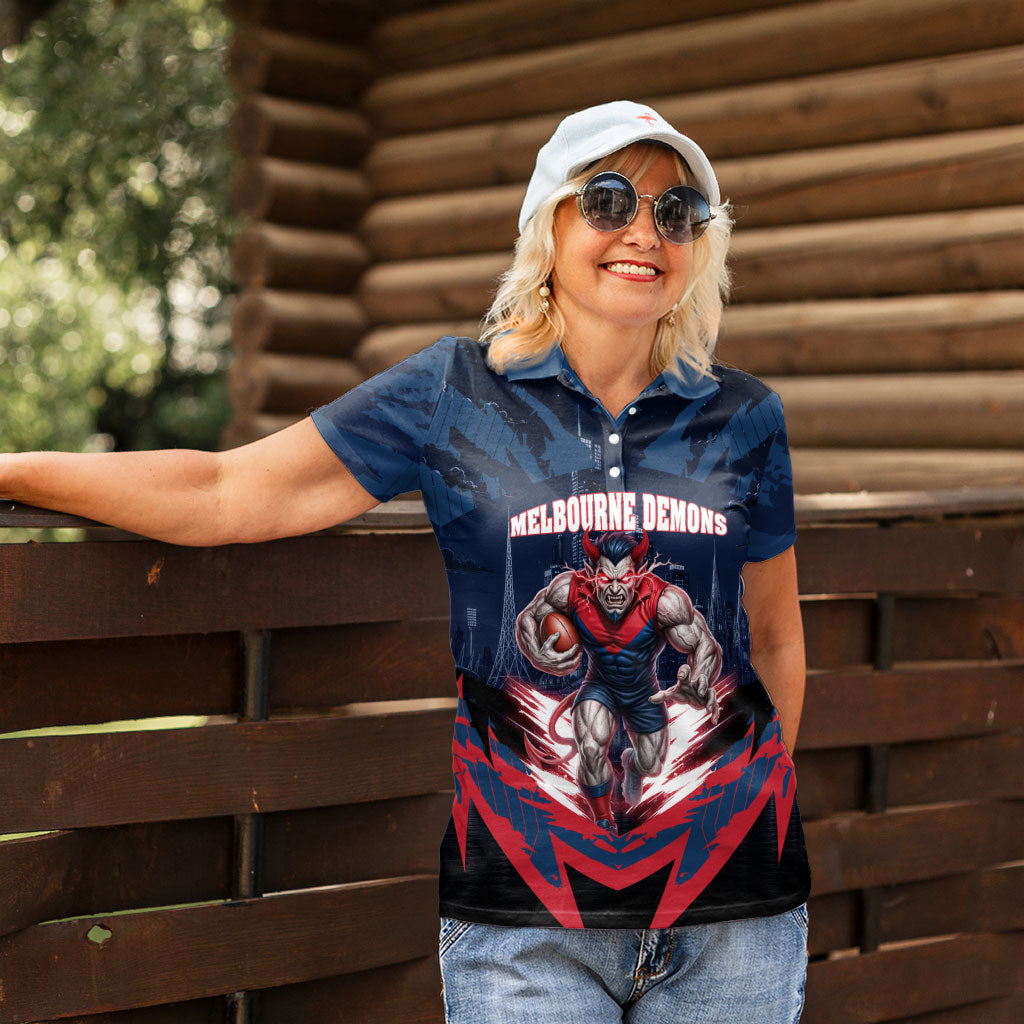 Personalised Melbourne Demons Football Women Polo Shirt Fierce Devil Mascot 3D Grunge City Art