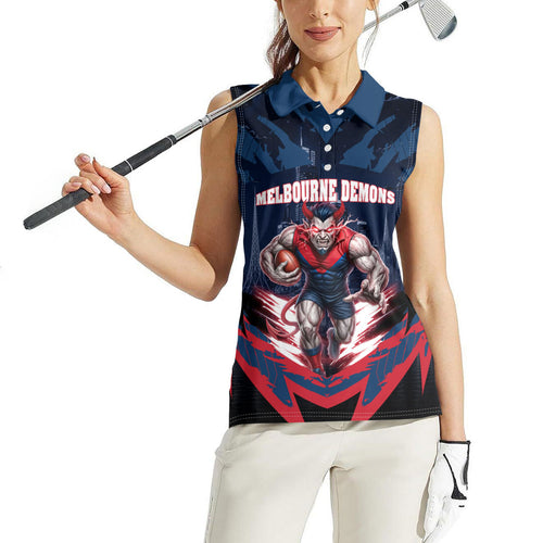 Personalised Melbourne Demons Football Women Sleeveless Polo Shirt Fierce Devil Mascot 3D Grunge City Art