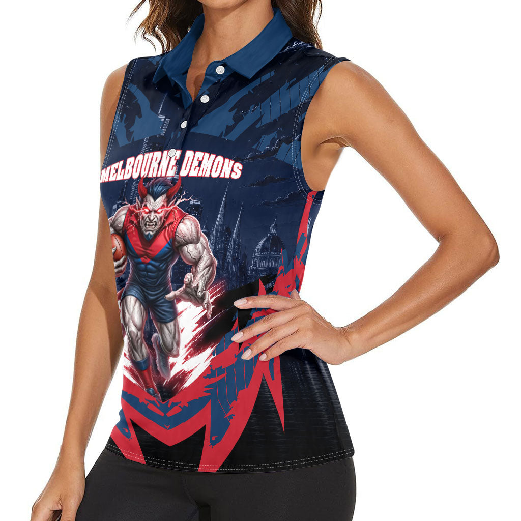 Personalised Melbourne Demons Football Women Sleeveless Polo Shirt Fierce Devil Mascot 3D Grunge City Art
