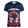 Personalised Melbourne Demons Football Women V-Neck T-Shirt Fierce Devil Mascot 3D Grunge City Art