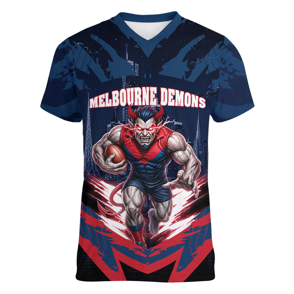Personalised Melbourne Demons Football Women V-Neck T-Shirt Fierce Devil Mascot 3D Grunge City Art