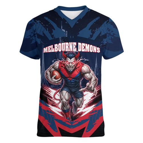 Personalised Melbourne Demons Football Women V-Neck T-Shirt Fierce Devil Mascot 3D Grunge City Art