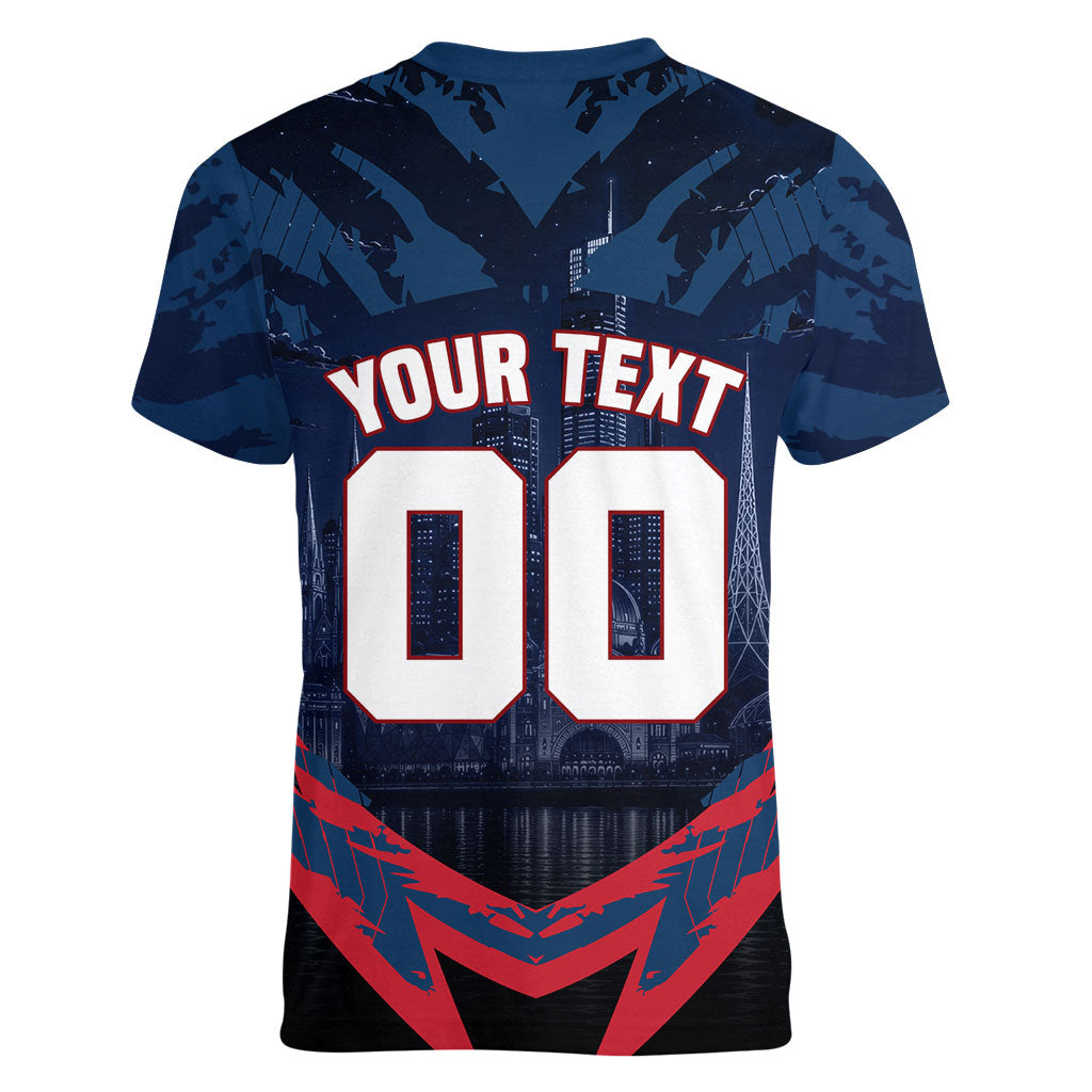 Personalised Melbourne Demons Football Women V-Neck T-Shirt Fierce Devil Mascot 3D Grunge City Art