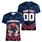Personalised Melbourne Demons Football Women V-Neck T-Shirt Fierce Devil Mascot 3D Grunge City Art