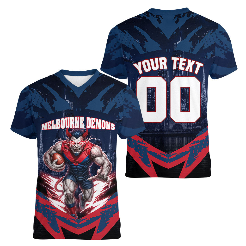 Personalised Melbourne Demons Football Women V-Neck T-Shirt Fierce Devil Mascot 3D Grunge City Art