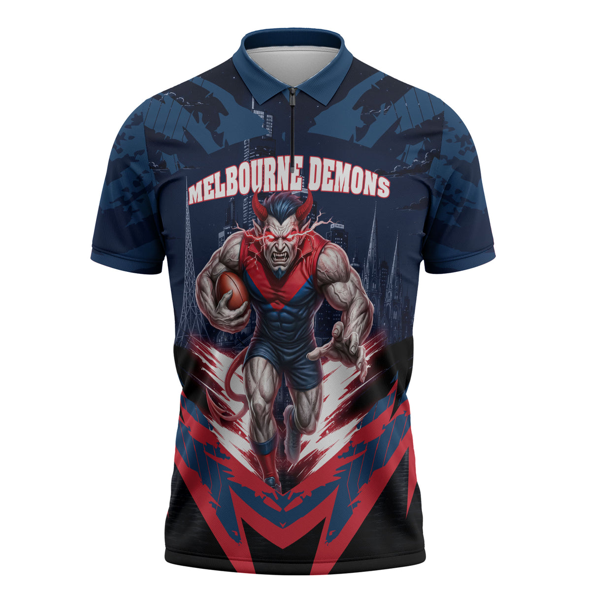 Personalised Melbourne Demons Football Zipper Polo Shirt Fierce Devil Mascot 3D Grunge City Art