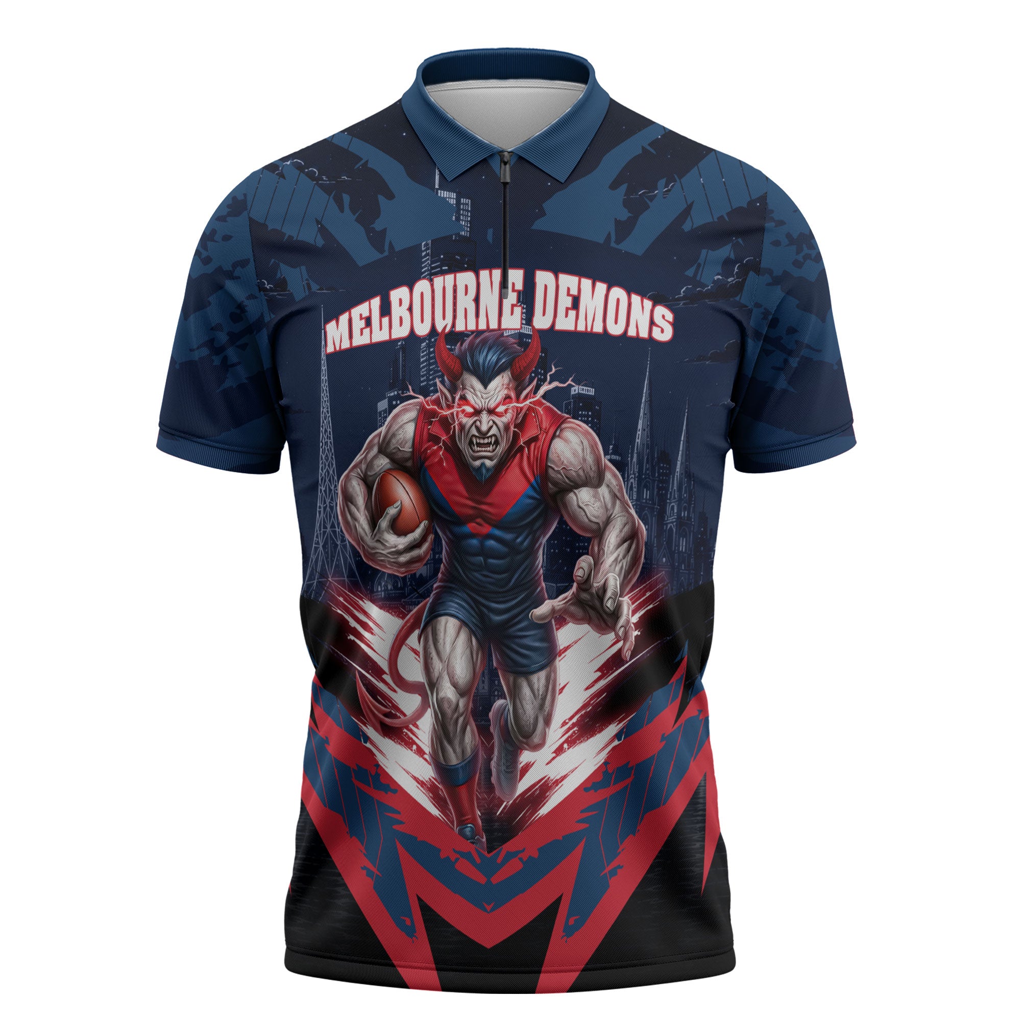 Personalised Melbourne Demons Football Zipper Polo Shirt Fierce Devil Mascot 3D Grunge City Art