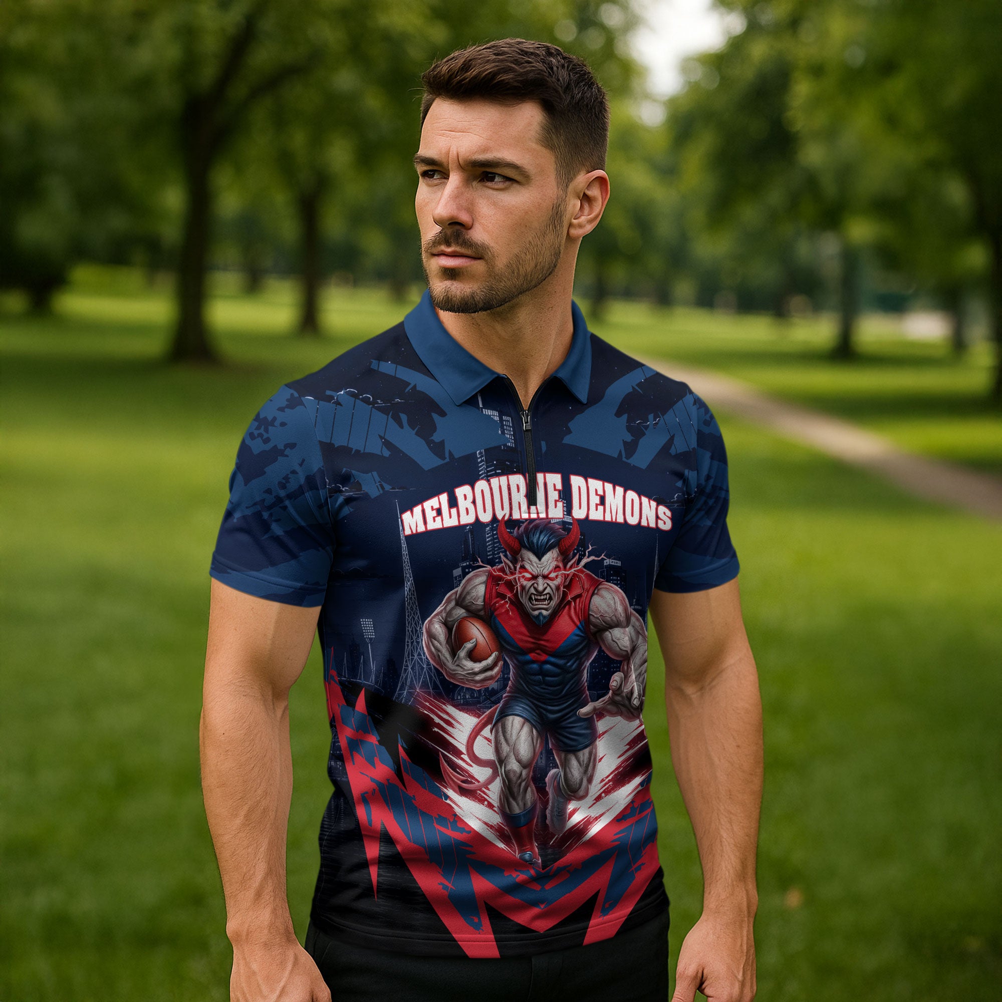 Personalised Melbourne Demons Football Zipper Polo Shirt Fierce Devil Mascot 3D Grunge City Art