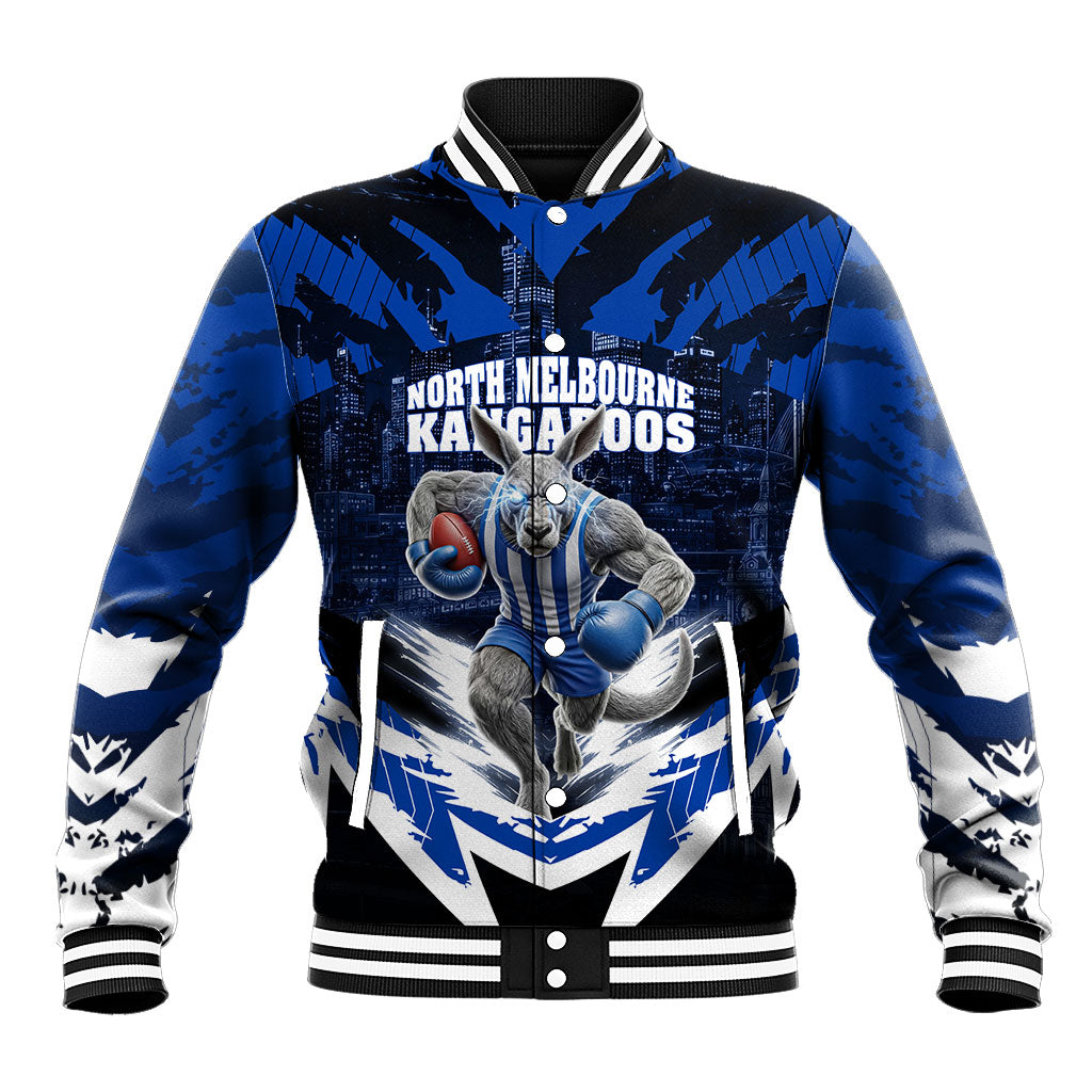 Personalised North Melbourne Kangaroos Football Baseball Jacket Fierce Kangaroo Mascot 3D Grunge City Art