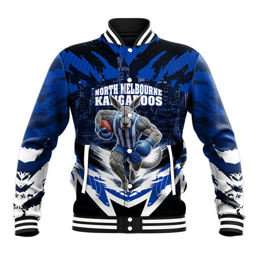 Personalised North Melbourne Kangaroos Football Baseball Jacket Fierce Kangaroo Mascot 3D Grunge City Art