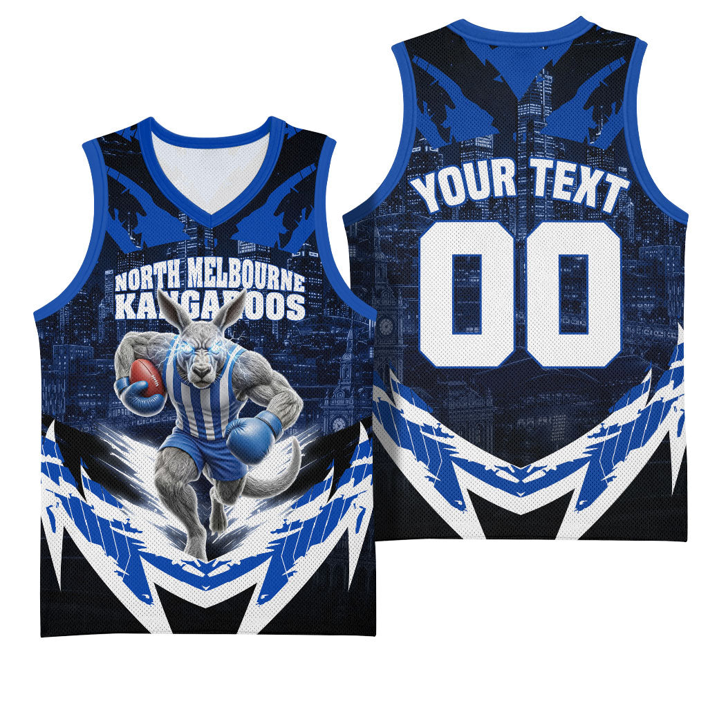 Personalised North Melbourne Kangaroos Football Basketball Jersey Fierce Kangaroo Mascot 3D Grunge City Art