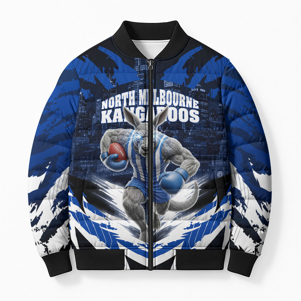 Personalised North Melbourne Kangaroos Football Bomber Puffer Jacket Fierce Kangaroo Mascot 3D Grunge City Art