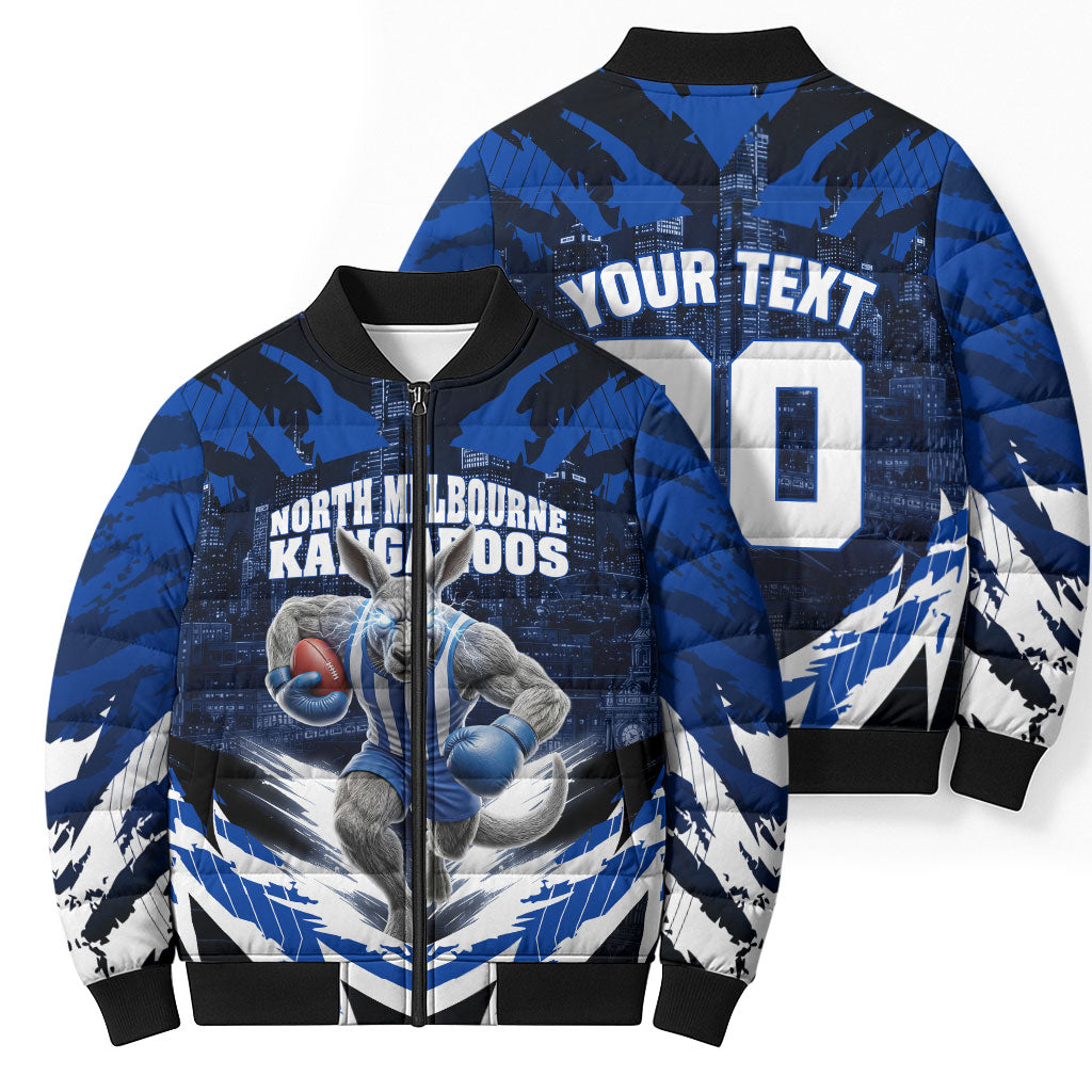 Personalised North Melbourne Kangaroos Football Bomber Puffer Jacket Fierce Kangaroo Mascot 3D Grunge City Art