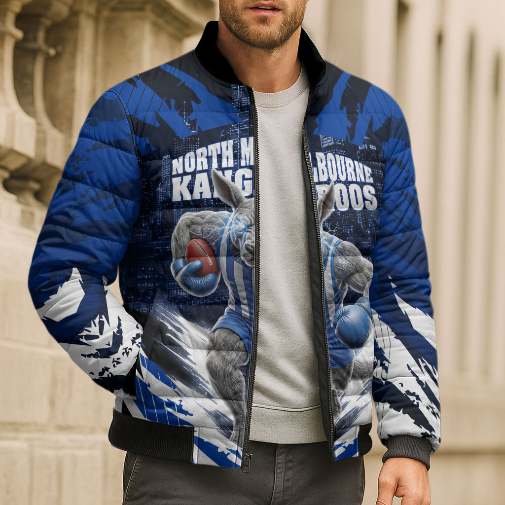 Personalised North Melbourne Kangaroos Football Bomber Puffer Jacket Fierce Kangaroo Mascot 3D Grunge City Art