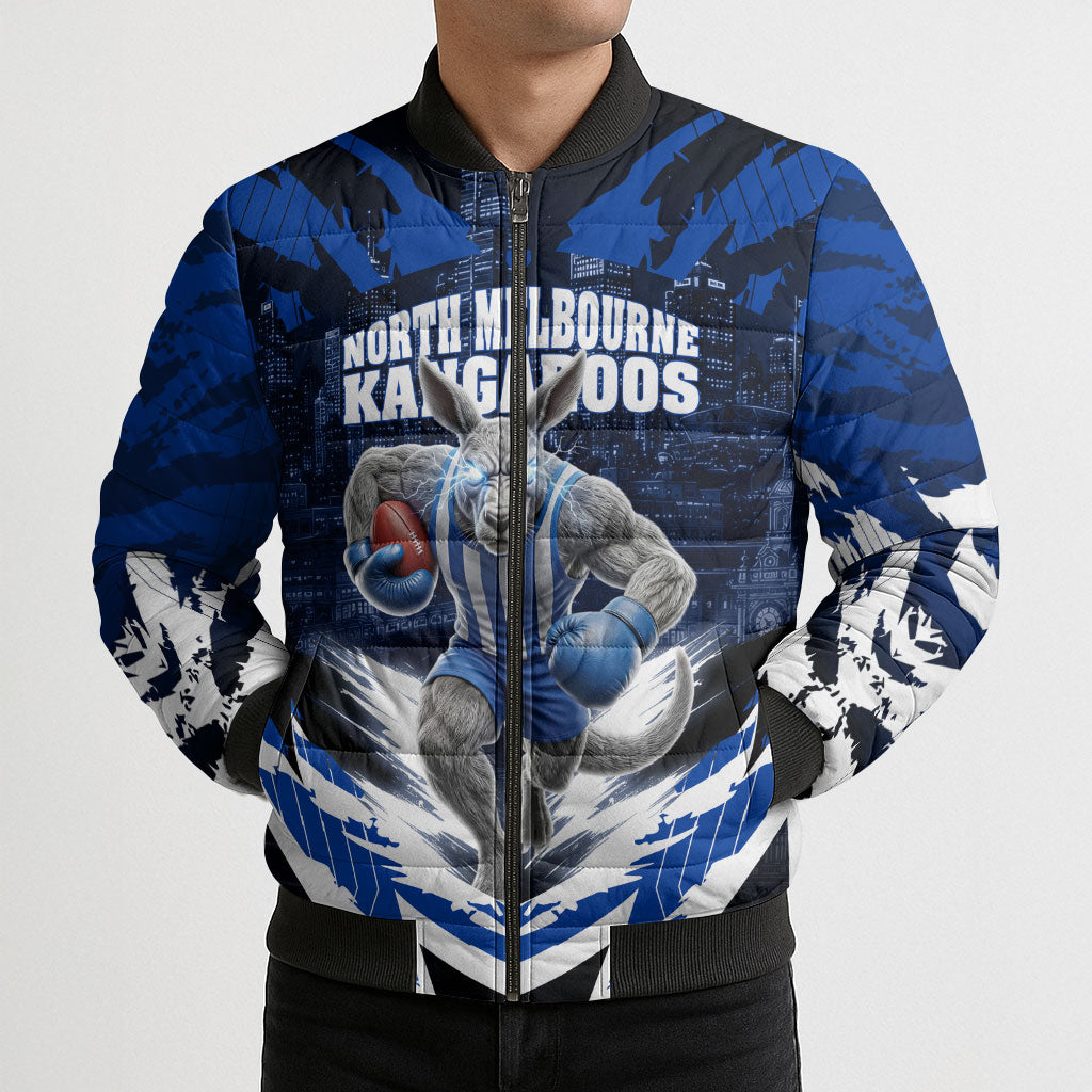 Personalised North Melbourne Kangaroos Football Bomber Puffer Jacket Fierce Kangaroo Mascot 3D Grunge City Art