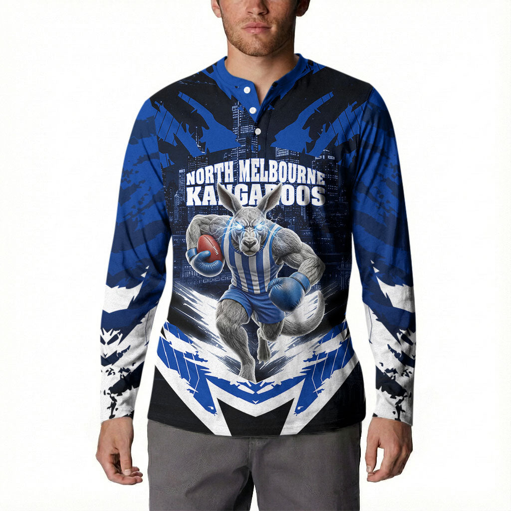 Personalised North Melbourne Kangaroos Football Button Sweatshirt Fierce Kangaroo Mascot 3D Grunge City Art