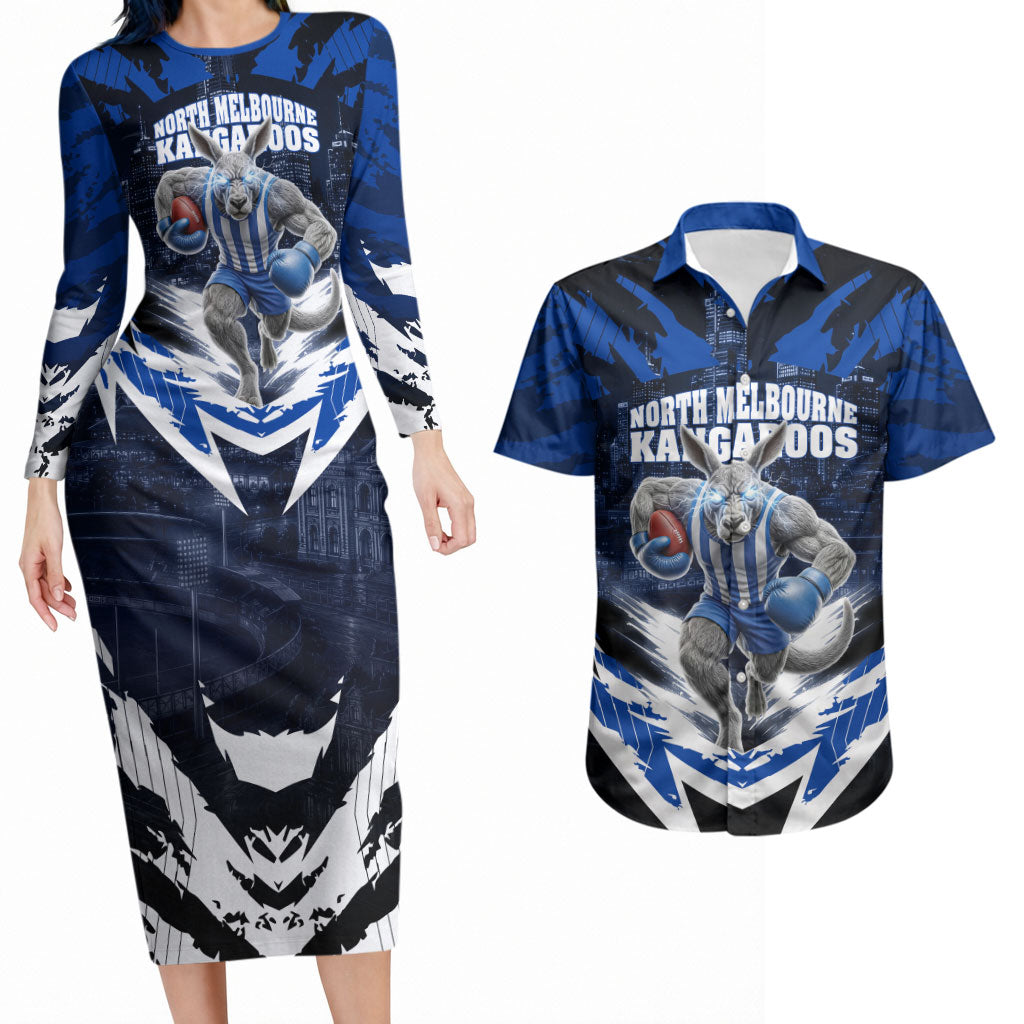 Personalised North Melbourne Kangaroos Football Couples Matching Long Sleeve Bodycon Dress and Hawaiian Shirt Fierce Kangaroo Mascot 3D Grunge City Art
