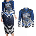 Personalised North Melbourne Kangaroos Football Couples Matching Long Sleeve Bodycon Dress and Long Sleeve Button Shirt Fierce Kangaroo Mascot 3D Grunge City Art