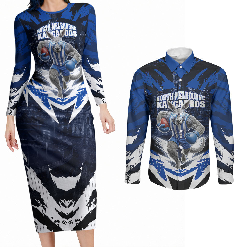 Personalised North Melbourne Kangaroos Football Couples Matching Long Sleeve Bodycon Dress and Long Sleeve Button Shirt Fierce Kangaroo Mascot 3D Grunge City Art