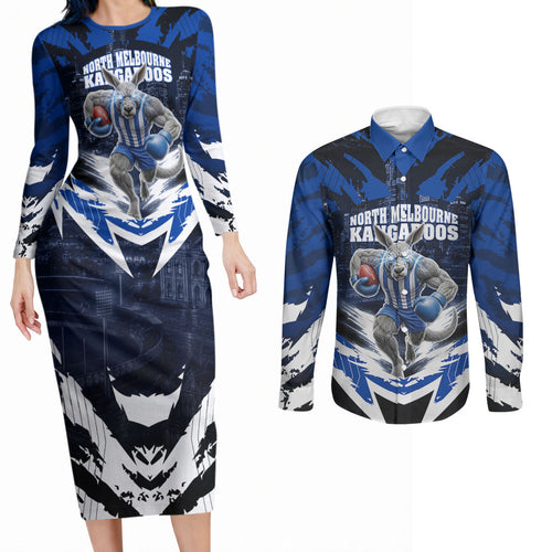 Personalised North Melbourne Kangaroos Football Couples Matching Long Sleeve Bodycon Dress and Long Sleeve Button Shirt Fierce Kangaroo Mascot 3D Grunge City Art