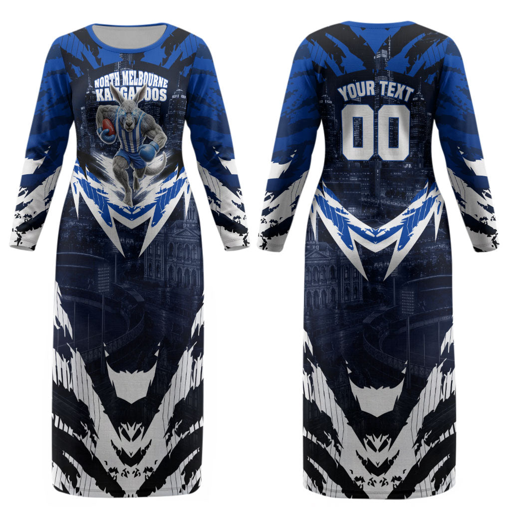 Personalised North Melbourne Kangaroos Football Couples Matching Long Sleeve Bodycon Dress and Long Sleeve Button Shirt Fierce Kangaroo Mascot 3D Grunge City Art
