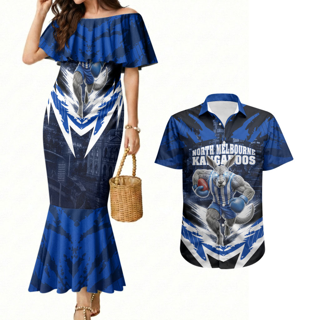 Personalised North Melbourne Kangaroos Football Couples Matching Mermaid Dress and Hawaiian Shirt Fierce Kangaroo Mascot 3D Grunge City Art