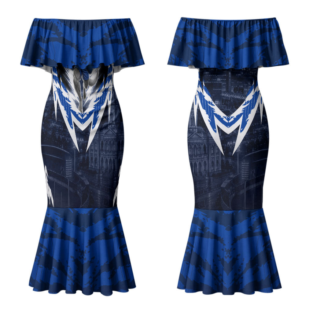Personalised North Melbourne Kangaroos Football Couples Matching Mermaid Dress and Hawaiian Shirt Fierce Kangaroo Mascot 3D Grunge City Art