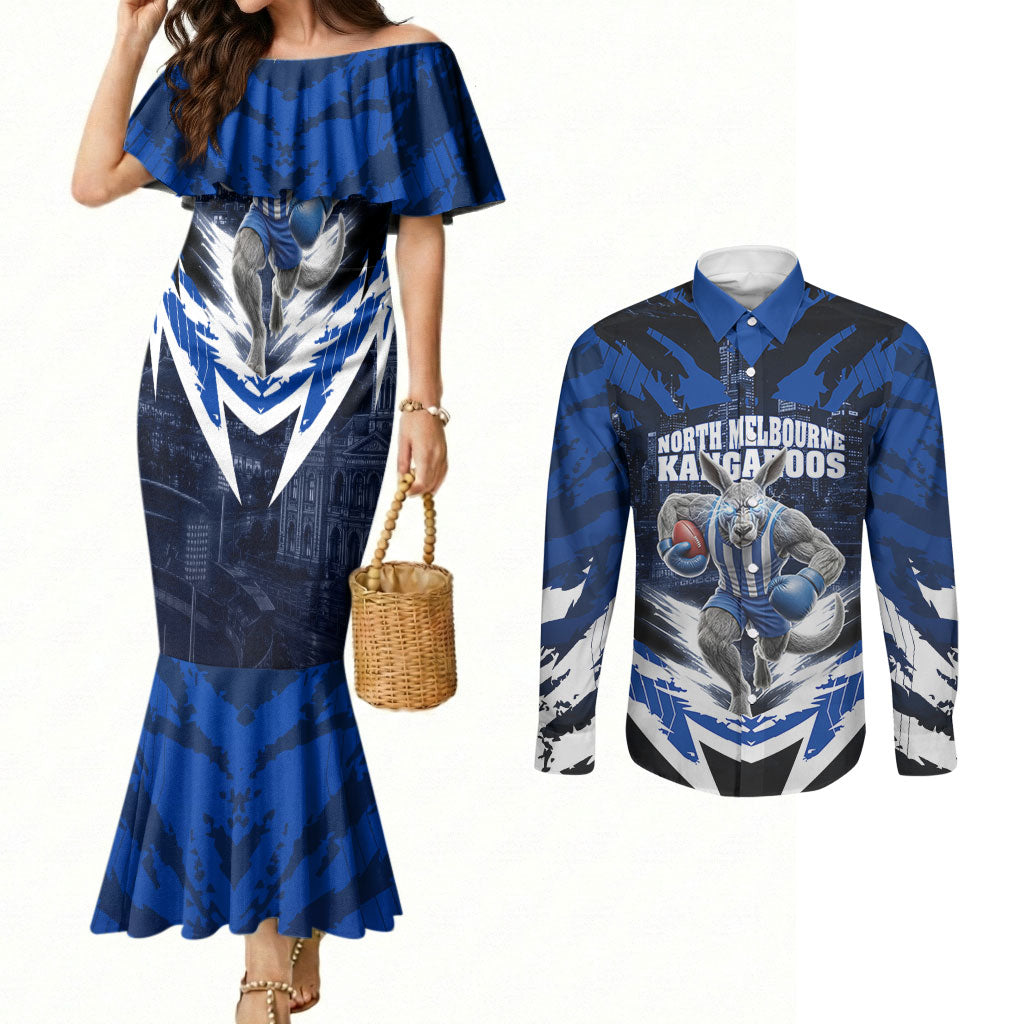 Personalised North Melbourne Kangaroos Football Couples Matching Mermaid Dress and Long Sleeve Button Shirt Fierce Kangaroo Mascot 3D Grunge City Art