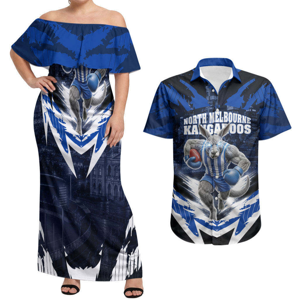 Personalised North Melbourne Kangaroos Football Couples Matching Off Shoulder Maxi Dress and Hawaiian Shirt Fierce Kangaroo Mascot 3D Grunge City Art