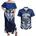 Personalised North Melbourne Kangaroos Football Couples Matching Off Shoulder Maxi Dress and Hawaiian Shirt Fierce Kangaroo Mascot 3D Grunge City Art